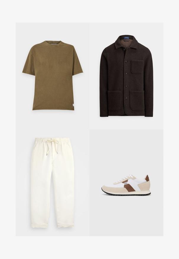 Tamsiai ruda vilnos striukė su sagomis priekyje, smailia apykakle ir dviem didelėmis kišenėmis priekyje. Yra krūtinės kišenė ir minkšta tekstūra.; Olivinės spalvos medvilninis marškinėliai su apvalia iškirpte, trumpomis rankovėmis ir laisvu kirpimu. Mūvima su švariais linijų akcentais ir mažu etiketės ženklu ant apvado.; Šviesiai kreminės spalvos, laisvalaikio kelnės iš minkštos medžiagos. Turi elastinį juosmenį su raišteliais ir siaurėjantį kojų dizainą.; Batai sportiniai, pagaminti iš baltos tinklinės medžiagos ir kreminės zomšos, su rudos odos akcentu. Apvali noselė, plokščias gumos padas ir raištelių užsegimas.