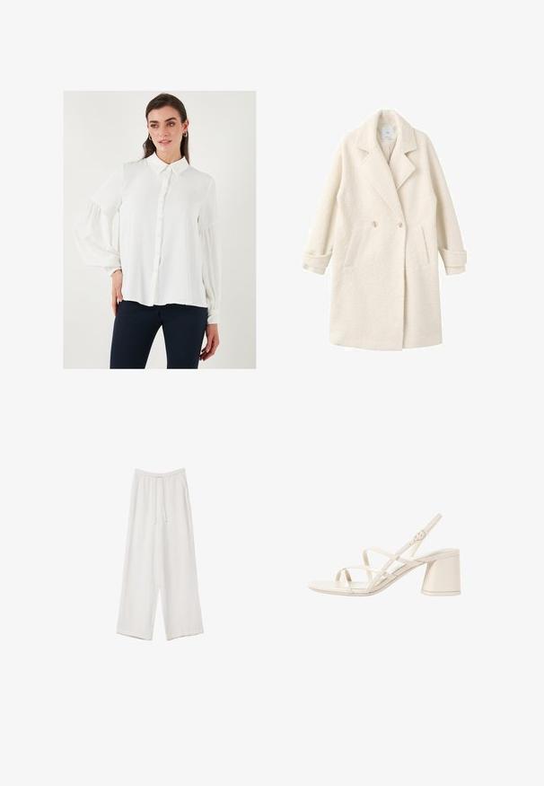 Manteau croisé en tissu crème doux, doté de revers crantés, de poches latérales et de poignets roulés pour une touche de détail et de texture.; Blouse blanche à manches longues avec un devant à boutons, col et poignets élastiques froncés. Tissu lisse et design fluide.; Pantalons larges blancs en tissu léger. Dotés d'une taille élastique avec cordon de serrage et de poches latérales. Texture lisse.; Sandales à talons beiges avec des fines brides entrecroisées, bout ouvert et un talon carré. Fini en vernis lisse, bride de cheville réglable.
