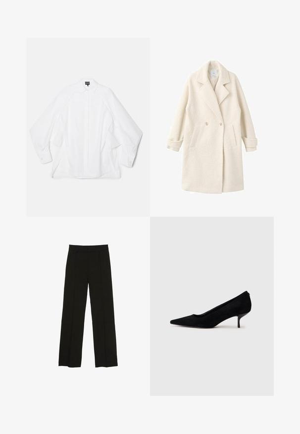 Double-breasted coat in soft cream fabric, featuring notched lapels, side pockets, and rolled cuffs for added detail and texture.; White cotton shirt featuring a classic collar, long sleeves, and a straight cut with side slits. Button cuffs with a smooth texture.; Black wide-leg trousers made from a smooth fabric, featuring a fitted waistband and subtle front pleats for added texture.; Black suede high heel shoe with a pointed toe and a slim, low heel. Smooth texture with a sleek design, featuring no visible hardware.