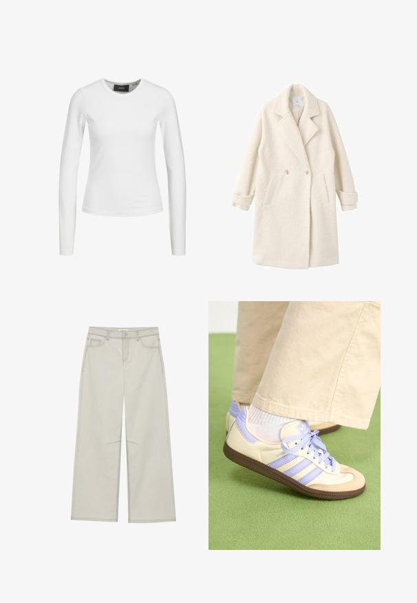 Double-breasted coat in soft cream fabric, featuring notched lapels, side pockets, and rolled cuffs for added detail and texture.; White long-sleeve fitted top made of lightweight, stretchy fabric. Features a crew neckline and has no visible patterns or embellishments.; Light gray wide-leg pants with five pockets, front button closure, and contrast stitching along seams. Fabric appears soft and durable.; Cream and lavender sneakers with three stripes and a textured brown sole, featuring laces and a padded heel. Soft fabric upper.