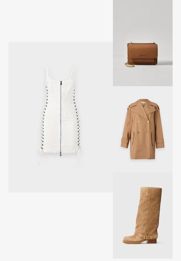 Barna, dupla gombos esőkabát, amely pamutból készült. Nagy arany gombokkal, széles hajtókákkal és két elülső zsebbel rendelkezik. Közepes hosszúságú ujjak.; Fehér, testhezálló ruha elülső cipzárral és oldalsó csipke részletekkel. Állítható kötőfékek vannak a szegélyen és vékony pántok a vállaknál. Simább textúra.; Barna velúr, középig érő csizma, alacsony, rakott sarokkal, lekerekített orral és állítható pánttal, arany csattal a boka körül.; Barna textúrájú bőr keresztbody táska arany lánc pánttal és fedélzárral. Az elején logó részlet és egy zseb található a fedél alatt.