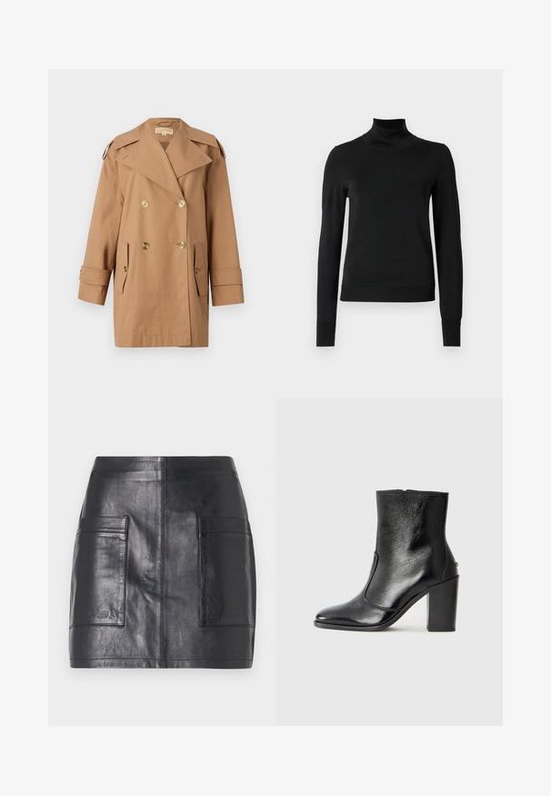 Trench coat marrón de doble botonadura hecho de algodón. Presenta grandes botones dorados, amplias solapas y dos bolsillos frontales. Mangas de longitud media.; Suéter negro de manga larga con cuello de tortuga, con puños y dobladillo acanalados, exhibido sobre un fondo blanco liso.; Minifalda de cuero negro con dos bolsillos laterales, textura suave, diseño ajustado y líneas limpias sin adornos adicionales.; Botín negro de cuero con textura suave, puntera puntiaguda y un tacón alto y robusto. Presenta una apertura lateral y un diseño minimalista.
