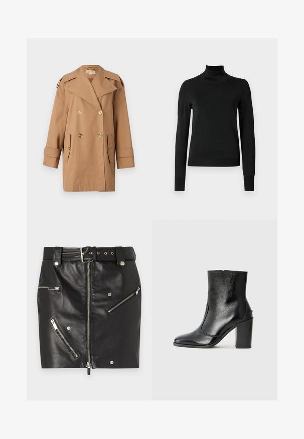 Hnedý dvojradový trenčkot vyrobený z bavlny. Obsahuje veľké zlaté gombíky, široké klopy a dve predné vrecká. Rukávy sú strednej dĺžky.; Čierny dlhý rukáv rolák s rebrovanými manžetami a lemom, zobrazený na čistej bielej pozadí.; Čierna kožená mini sukňa s predným zipsom, viacerými zipsovými vreckami, opaskom s prackou a striebornými kovovými akcentmi.; Čierna kožená kotníková obuv s hladkým povrchom, špicatou špičkou a masívnym vysokým podpätkom. Zdobená bočným otvorom a minimalistickým dizajnom.