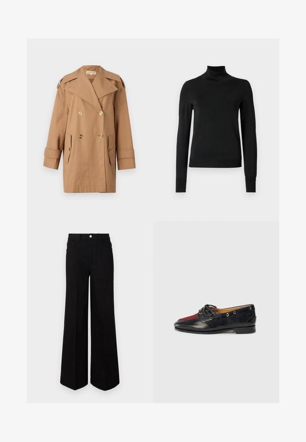 Hnědý dvouřadý trenčkot vyrobený z bavlny. Obsahuje velké zlaté knoflíky, široké klopy a dvě přední kapsy. Rukávy jsou střední délky.; Černý dlouhý rukáv rolák se žebrovanými manžetami a lemem, vystavený na čistě bílém pozadí.; Černé široké džíny vyrobené z pevné látky, s vysokým pasem, předními kapsami a zapínáním na knoflík. Rovný lem na spodním okraji.; Černé kožené lodní boty s červenou semišovou špičkou, zlatými kroužky a dekorační mašlí. Hladký povrch s nízkým blokovým podpatkem.
