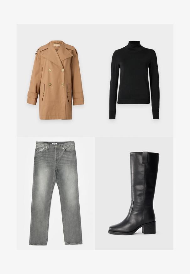 Cappotto trench doppiopetto marrone realizzato in cotone. Caratterizzato da grandi bottoni dorati, ampi risvolti e due tasche frontali. Maniche di lunghezza intermedia.; Pullover nero a maniche lunghe con collo alto, rifinito con polsini e orlo a coste, mostrato su uno sfondo bianco semplice.; RE/DONE EASY - Jeans a sigaretta - grigio; Stivali al ginocchio in pelle nera con una texture liscia, punta quadrata, tacco a blocco e linguetta laterale, caratterizzati da dettagli di cucitura minimi.