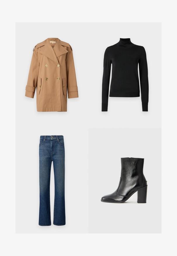 Καφέ διπλής όψης παλιό αδιάβροχο από βαμβάκι. Διαθέτει μεγάλες χρυσές κουμπότρυπες, φαρδιές επωμίδες και δύο μπροστινές τσέπες. Μήκους μεσαίων μανικιών.; Μαύρο μακρυμάνικο πουλόβερ με ψηλή λαιμόκοψη και ριγωτές μανσέτες και τελείωμα, το οποίο είναι παρουσιασμένο σε απλή λευκή φόντο.; Τζιν παντελόνι σε σκούρο μπλε, με ψηλή μέση και φαρδιές γάμπες. Λιώγερες υφή με διακριτική φθορά, πέντε τσέπες και κλείσιμο με μεταλλικό κουμπί.; Μαύρο δερμάτινο μποτάκι έως τον αστράγαλο με απλή υφή, μυτερή μύτη και χοντρό ψηλό τακούνι. Διαθέτει πλαϊνό άνοιγμα και μινιμαλιστικό σχέδιο.