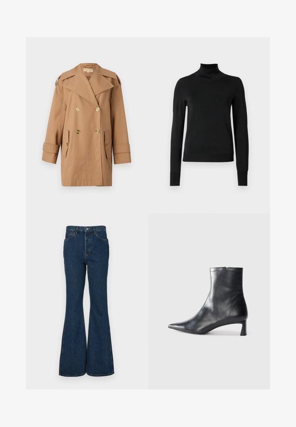 Bruine dubbele trenchcoat gemaakt van katoen. Voorzien van grote gouden knopen, brede revers en twee voorzakken. Middellange mouwen.; Zwarte trui met lange mouwen en col, voorzien van geribde manchetten en zoom, weergegeven op een effen witte achtergrond.; Donkerblauwe flared jeans van denim. Heeft een hoge taille, vijf zakken en contrasterende stiknaden. Soepele textuur en schone afwerking.; Zwarte leren enkellaars met een spitse neus en een slank ontwerp. Heeft een lage hak en een ritssluiting aan de achterkant. Gladde textuur.