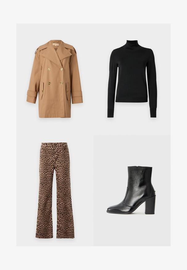 Palton bej din bumbac, cu dublu rând de nasturi. Prezintă nasturi mari aurii, rever lățit și două buzunare frontale. Mâneci de lungime medie.; Pulover negru cu mânecă lungă și guler tip colier, cu manșete și tiv cu elastic, expus pe un fundal alb simplu.; Pantaloni largi cu imprimeu leopard în nuanțe de bej și negru, având o textură netedă și un tiv conic. Design cu talie standard și buzunare.; Botină din piele neagră, cu o textură netedă, vârf ascuțit și toc gros, înalt. Dispune de o deschidere laterală și un design minimalist.