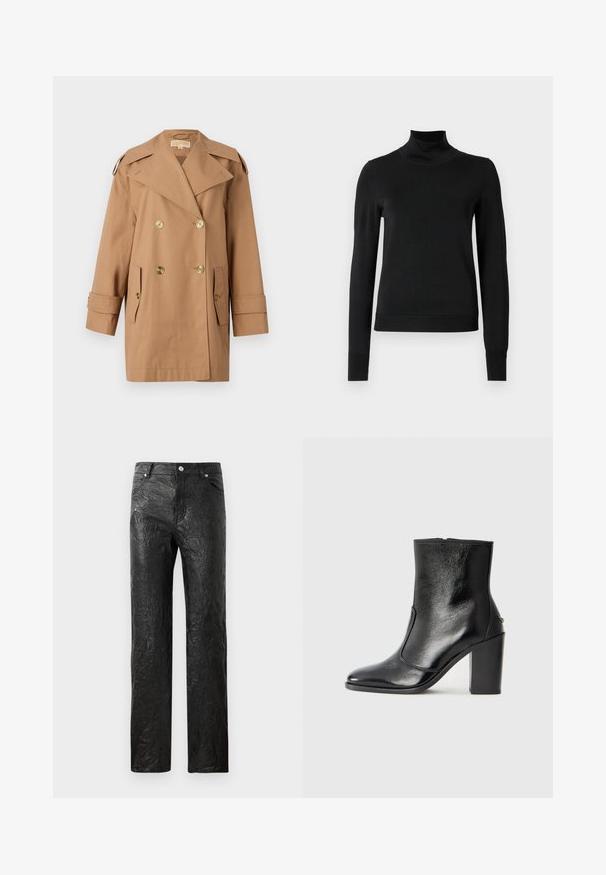 Hnedý dvojradový trenčkot vyrobený z bavlny. Obsahuje veľké zlaté gombíky, široké klopy a dve predné vrecká. Rukávy sú strednej dĺžky.; Čierny dlhý rukáv rolák s rebrovanými manžetami a lemom, zobrazený na čistej bielej pozadí.; Čierne, zvrásnené nohavice vyrobené zo syntetického materiálu, s rovnými nohavicami a piatimi vreckami, doplnené striebornými kovovými detailami.; Čierna kožená kotníková obuv s hladkým povrchom, špicatou špičkou a masívnym vysokým podpätkom. Zdobená bočným otvorom a minimalistickým dizajnom.