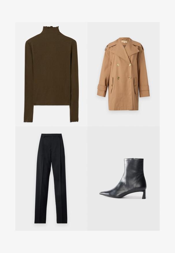 Ruskea kaksirivinen trench-takki, joka on valmistettu puuvillasta. Varustettu suurilla kultaisilla nappeilla, leveillä kauluksilla ja kahdella etutaskulla. Puolipitkät hihat.; Ruskea pitkähihaisessa ribbineulepaidassa on korkea kaulus ja hienovarainen jäävuori-tyylinen reunus kauluksessa, hihoissa ja helmassa.; Musta housut, jotka on valmistettu sileästä kankaasta ja joissa on korkea vyötärö, leveät lahkeet, etukaarteet ja klassiset vyölenkit. Ei näkyviä sivutaskuja.; Musta nahkainen nilkkabotti, jossa on teräväkärkinen muotoilu ja tyylikäs design. Varusteena matala korko ja takana vetoketjukiinnitys. Sileä pinta.