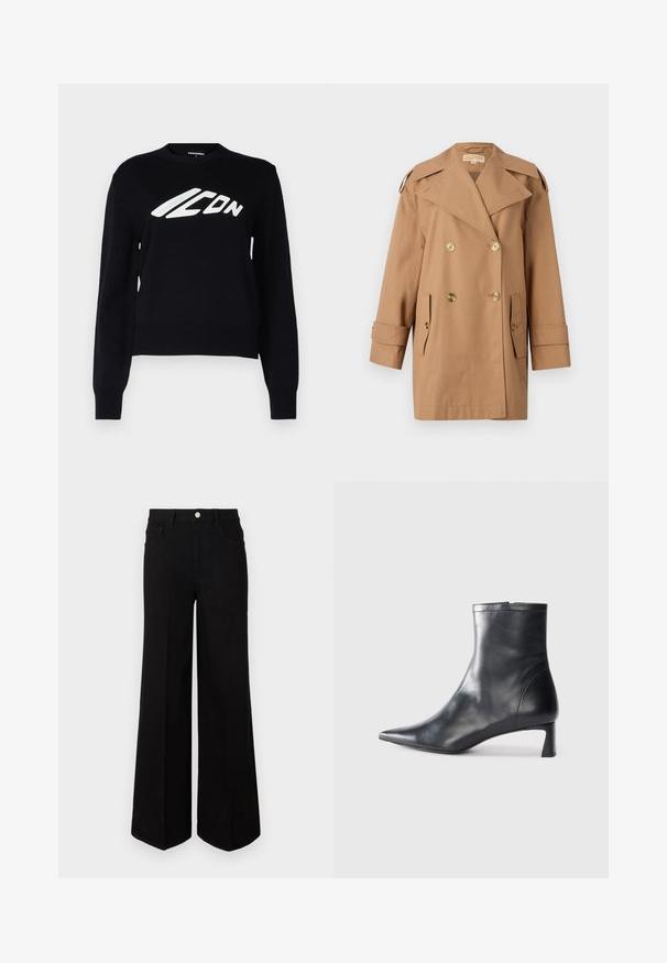 Trench coat marrón de doble botonadura hecho de algodón. Presenta grandes botones dorados, amplias solapas y dos bolsillos frontales. Mangas de longitud media.; Jersey de punto negro con cuello redondo, puños y dobladillo acanalados, y un prominente logo gráfico blanco en la parte delantera.; Pantalones de mezclilla negros de pierna ancha, hechos de una tela resistente, con una cintura alta, bolsillos frontales y un cierre de botón en la parte delantera. Dobladillo recto en la parte inferior.; Botín de cuero negro hasta el tobillo con punta afilada y un diseño elegante. Presenta un tacón bajo y un cierre con cremallera en la parte trasera. Textura suave.