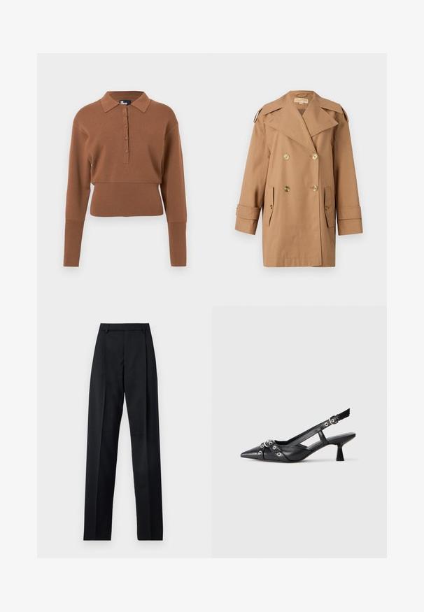 Brun dobbeltbrystet trenchcoat lavet af bomuld. Har store guldknapper, brede revers og to forlommer. Mellemlange ærmer.; Brun strikket pullover med krave, fem-knaps lukning, lange ærmer og cropped nederste kant. Glat overflade og tætsiddende design.; Sorte bukser lavet af glat stof, der har høj talje, brede ben, frontfolder og klassiske bælteløkker. Ingen synlige sidelommer.; Sort lædersandal med spids tå, dekorative stropper med metaløjer og en lav blokhæl. Struktureret overflade.