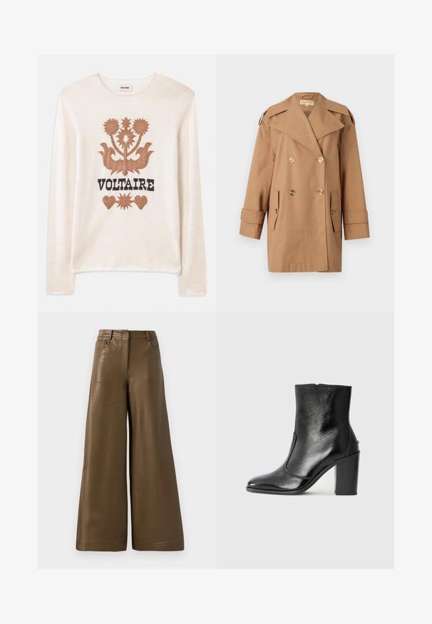 Pruun topeltkliendiga vihmamantel, mis on valmistatud puuvillast. Omab suuri kuldseid nööpe, laiu krae ja kahte esikotti. Keskmise pikkusega varrukad.; Kreem värvi pika varrukaga sviiter, mis on valmistatud pehmest materjalist ja millel on pruun lilleline muster ning sõna "VOLTAIRE" mustas kirjas. Hästi diskreetne tekstuur ja neutraalne värv.; Laiad püksid, mis on valmistatud siledast pruunist kunstnahast. Omab kõrgendatud vööd, nelja taskut ja eesmist tõmblukk. Lame tekstuur ja minimalistlik disain.; Must kõvale nahast pahklipsu saapad, millel on sile tekstuur, terav varvas ja paks kõrge kann. Omab külgavatust ja minimalistlikku disaini.