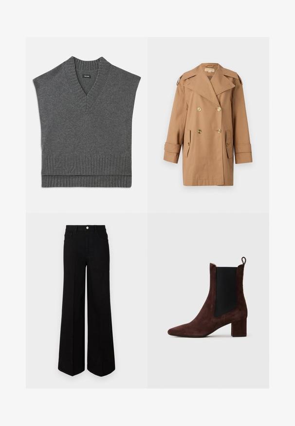 Manteau trench beige à double boutonnage en coton. Équipé de grands boutons dorés, de larges revers et de deux poches avant. Manches mi-longues.; Pull gris sans manches avec un col en V, finition côtelée à l'encolure et à l'ourlet. Texture de tricot douce, avec un subtil détail de logo près du bas.; Jean large noir fabriqué dans un tissu robuste, avec une taille haute, des poches avant et une fermeture à bouton à l'avant. Ourlet plat en bas.; Bottine en daim marron foncé avec talon carré, panneau latéral élastique noir et languette à l'arrière sur un fond clair.