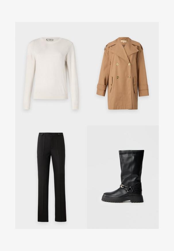 Brązowy dwurzędowy płaszcz trencherowy wykonany z bawełny. Zawiera duże złote guziki, szerokie klapy i dwie przednie kieszenie. Rękawy o średniej długości.; Jasny beżowy sweter z długim rękawem i okrągłym dekoltem, wykonany z miękkiego, dzianinowego materiału. Ściągacze przy mankietach i u dołu, gładka struktura, minimalistyczny design.; Czarne spodnie o dopasowanym kroju z prostymi nogawkami, dwoma przednimi kieszeniami, zapięciem na guzik oraz detalami w postaci plis na przodzie. Gładka tekstura materiału.; Czarne kozaki za kolano wykonane z gładkiej skóry, z akcentem w postaci klamry po boku oraz grubą, teksturowaną podeszwą zapewniającą przyczepność.