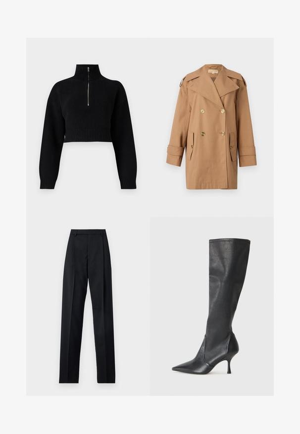 Brun dubbelknäppt trenchcoat i bomull. Har stora guldknappar, breda slag och två framfickor. Halvlånga ärmar.; Svart kortad tröja med hög krage, med en halvdragkedja. Stickad textur, vida ärmar och ribbad nederkant.; Svarta byxor i mjukt tyg med hög midja, vida ben, framfickor och klassiska bältesöglor. Inga sidofickor synliga.; Knähöga svarta läderstövlar med spetsig tå och smal stilettklack. Slät textur med en åtsittande design och sömnad vid övre kanten.
