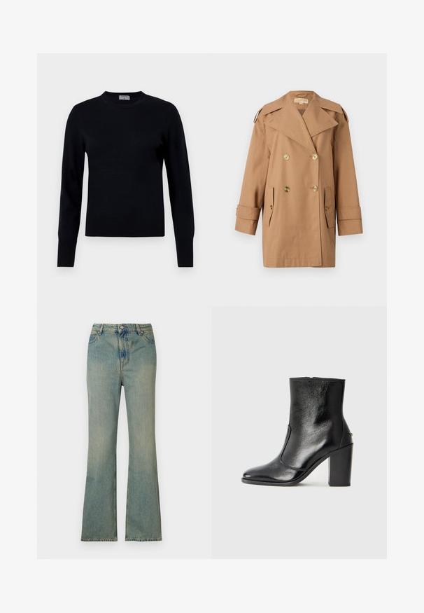 Palton bej din bumbac, cu dublu rând de nasturi. Prezintă nasturi mari aurii, rever lățit și două buzunare frontale. Mâneci de lungime medie.; Pulover negru tricotat cu guler rotund și mâneci lungi. Are o textură fină și manșete ribovate, oferind o ajustare și un design clasic.; Jeans din denim decolorat de culoare albastru deschis, cu talie înaltă, cinci buzunare și închidere cu fermoar. Finisaj curat și decolorat, cu detalii de cusătură subtile.; Botină din piele neagră, cu o textură netedă, vârf ascuțit și toc gros, înalt. Dispune de o deschidere laterală și un design minimalist.