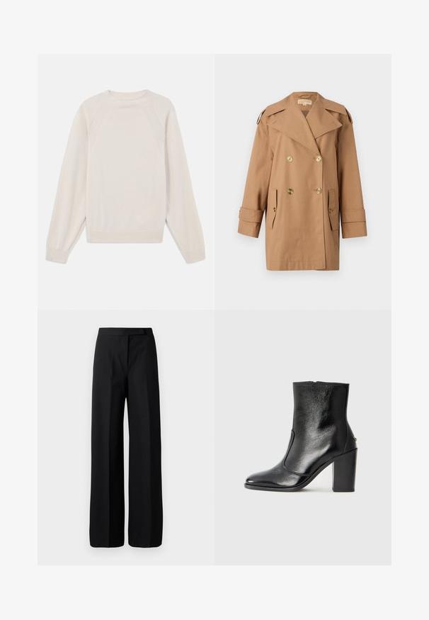 Brown double-breasted trench coat made of cotton. Features large gold buttons, wide lapels, and two front pockets. Mid-length sleeves.; Light cream sweater made of soft, knit fabric. Features a crew neck, long sleeves, and ribbed cuffs and hem with raglan sleeve design.; Wide-leg black trousers with a smooth, matte texture. Flat waistband with no visible hardware or patterns. Simple and elegant design.; Black leather ankle boot with a smooth texture, pointed toe, and a chunky high heel. Features a side opening and minimalistic design.