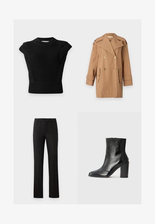 Brown double-breasted trench coat made of cotton. Features large gold buttons, wide lapels, and two front pockets. Mid-length sleeves.; Black ribbed knit sweater with short sleeve accents and a round neckline. Features a fitted silhouette and textured fabric.; Black tailored trousers with a straight leg, two front pockets, a button closure, and pleat detailing on the front. Smooth fabric texture.; Black leather ankle boot with a smooth texture, pointed toe, and a chunky high heel. Features a side opening and minimalistic design.