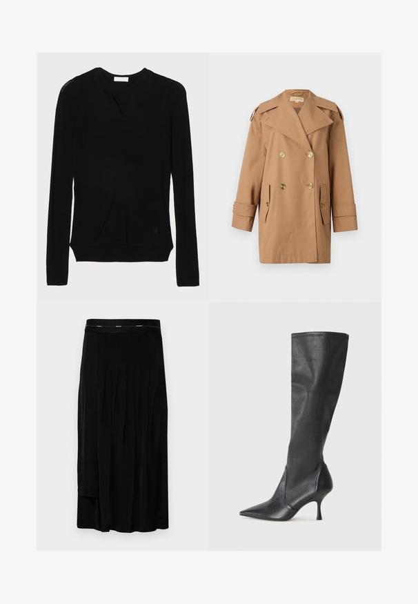 Manteau trench beige à double boutonnage en coton. Équipé de grands boutons dorés, de larges revers et de deux poches avant. Manches mi-longues.; sandro Pullover - noir; Jupe midi noire avec des plis, une texture lisse et une large taille avec un logo de marque subtil. Design simple et coupe au sol.; Bottes en cuir noir arrivant jusqu'aux genoux avec un bout pointu et un talon aiguille fin. Texture lisse avec un design ajusté et des coutures au bord supérieur.