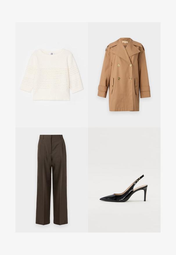 Cappotto trench doppiopetto marrone realizzato in cotone. Caratterizzato da grandi bottoni dorati, ampi risvolti e due tasche frontali. Maniche di lunghezza intermedia.; Maglione leggero con maniche a tre quarti, caratterizzato da un motivo testurizzato e orlo a coste. Design semplice con dettagli lavorati a maglia aperta.; Pantaloni larghi marroni con una superficie liscia, dotati di vita alta, pince frontali e un design sartoriale. Nessuna tasca visibile o decorazioni.; Pumps slingback in pelle verniciata nera con punta affilata, tacco sottile e un design con ritagli delicati. Caratterizzate da una fibbia dorata sul cinturino.
