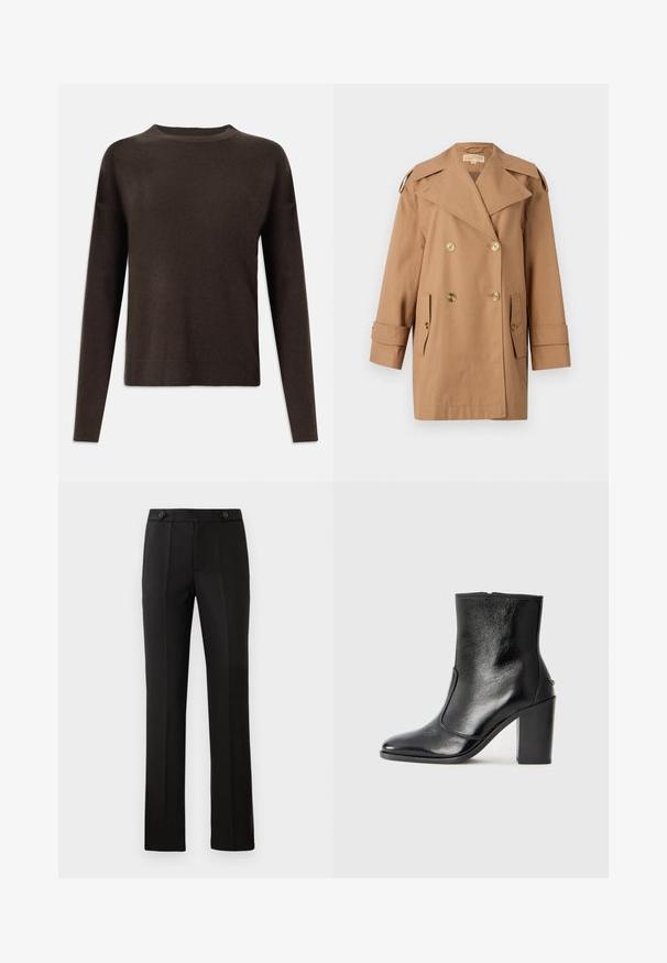 Hnedý dvojradový trenčkot vyrobený z bavlny. Obsahuje veľké zlaté gombíky, široké klopy a dve predné vrecká. Rukávy sú strednej dĺžky.; Tmavohnedý pletený sveter s dlhým rukávom, okrúhlym výstrihom a rebrovanými manžetami a lemom, vystavený na jednoduchom bielom pozadí.; Čierne nohavice na mieru so rovnými nohavicami, dvoma prednými vreckami, gombíkovým zapínaním a skladaním na prednej strane. Hladká textúra látky.; Čierna kožená kotníková obuv s hladkým povrchom, špicatou špičkou a masívnym vysokým podpätkom. Zdobená bočným otvorom a minimalistickým dizajnom.