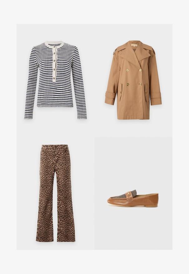 Brown double-breasted trench coat made of cotton. Features large gold buttons, wide lapels, and two front pockets. Mid-length sleeves.; Striped cardigan in navy and cream, ribbed crew neck, front button closure with five buttons, long sleeves, knitted texture.; Leopard print wide-leg pants in beige and black, featuring a smooth texture and tapered hem. Design with standard waistband and pockets.; Brown leather loafers with a textured brown fabric panel and gold hardware accent. Narrow profile and stitched detailing on the sides.