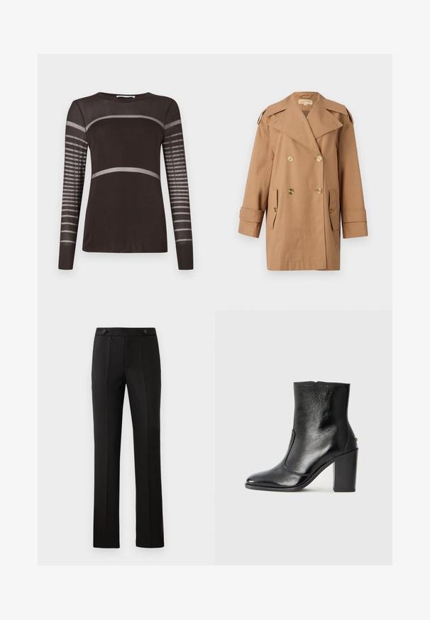 Cappotto trench doppiopetto marrone realizzato in cotone. Caratterizzato da grandi bottoni dorati, ampi risvolti e due tasche frontali. Maniche di lunghezza intermedia.; Maglia a maniche lunghe di colore marrone scuro con una consistenza liscia. Presenta strisce orizzontali grigie chiare sul petto e un pannello a strisce sulle maniche.; Pantaloni neri su misura con gamba dritta, due tasche frontali, chiusura con bottone e dettagli con pieghe sul davanti. Tessuto morbido.; Stivale alla caviglia in pelle nera, con una superficie liscia, punta affilata e tacco alto e massiccio. Presenta una apertura laterale e un design minimalista.