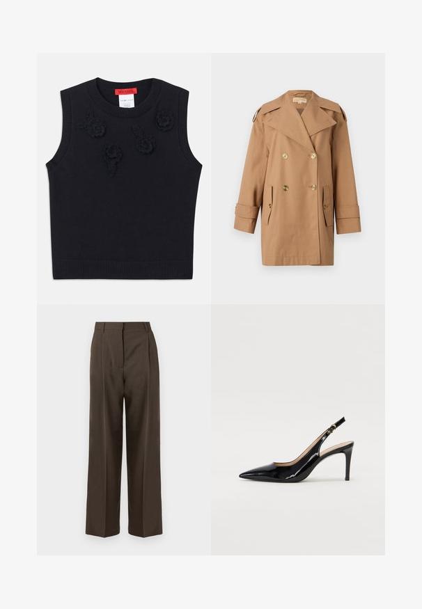 Smeđi dvostruko kopčani trench kaput od pamuka. Ima velike zlatne dugmadi, široke reveri i dva prednja džepa. Rukavi su srednje dužine.; Crni bezrukavni džemper s rebrastim izrezom i rubom. Sadrži teksturirane cvjetne aplikacije na prednjoj strani. Mekan pletivi materijal.; Smeđi široki hlače s glatkom teksturom, s visokim strukom, prednjim nabranima i krojem po mjeri. Nema vidljivih džepova ili ukrasa.; Crne lakirane slingback cipele s oštrim vrhom, uskim potpeticama i suptilnim izrezom. Sadrže zlatnu kopču na traku.
