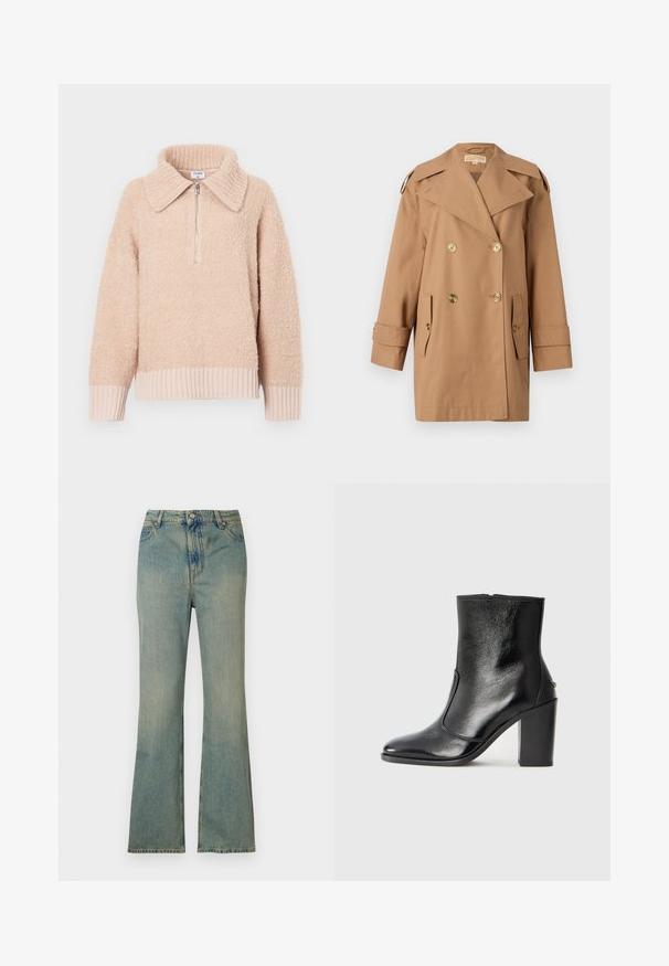 Pruun topeltkliendiga vihmamantel, mis on valmistatud puuvillast. Omab suuri kuldseid nööpe, laiu krae ja kahte esikotti. Keskmise pikkusega varrukad.; Bežfleežpullover kraanika ja pooltõmblukuga. Ribikantidega varrukad ja alläär. Pehme tekstuur ja mugav välimus.; Heled sinised jilidööd, kõrge vöökoht, viie tasku ja luku tõmblukk. Puhtad, tuhmunud viimistlusega ja peentel õmblustega.; Must kõvale nahast pahklipsu saapad, millel on sile tekstuur, terav varvas ja paks kõrge kann. Omab külgavatust ja minimalistlikku disaini.