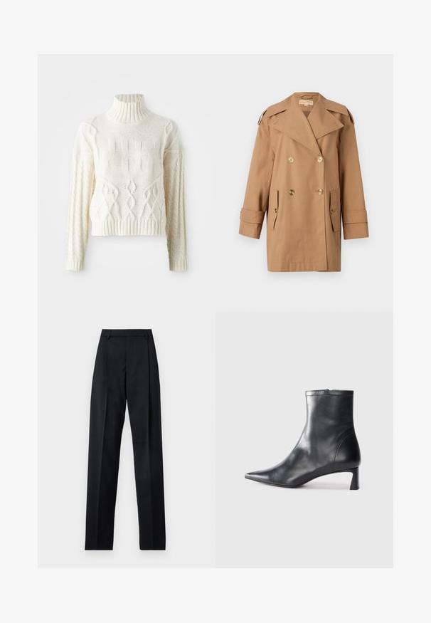 Pruun topeltkliendiga vihmamantel, mis on valmistatud puuvillast. Omab suuri kuldseid nööpe, laiu krae ja kahte esikotti. Keskmise pikkusega varrukad.; Kootud kreemivärvi kampsun kõrge sooniku kaelusega, millel on tekstuurilised mustrid ja kaablite kudumise detailid varrukatel ja kehajoonel. Lühike, liibuva lõikega.; Mustad püksid siledast kangast, millel on kõrge vöökoht, laiad jalad, esimesed kortsud ja klassikalised vööloopid. Küljepockets pole nähtavad.; Mustad mustall nahkasaabas terava nina ja stiilse disainiga. Omab madalat konts ja luku sulgemist taga. Sile tekstuur.