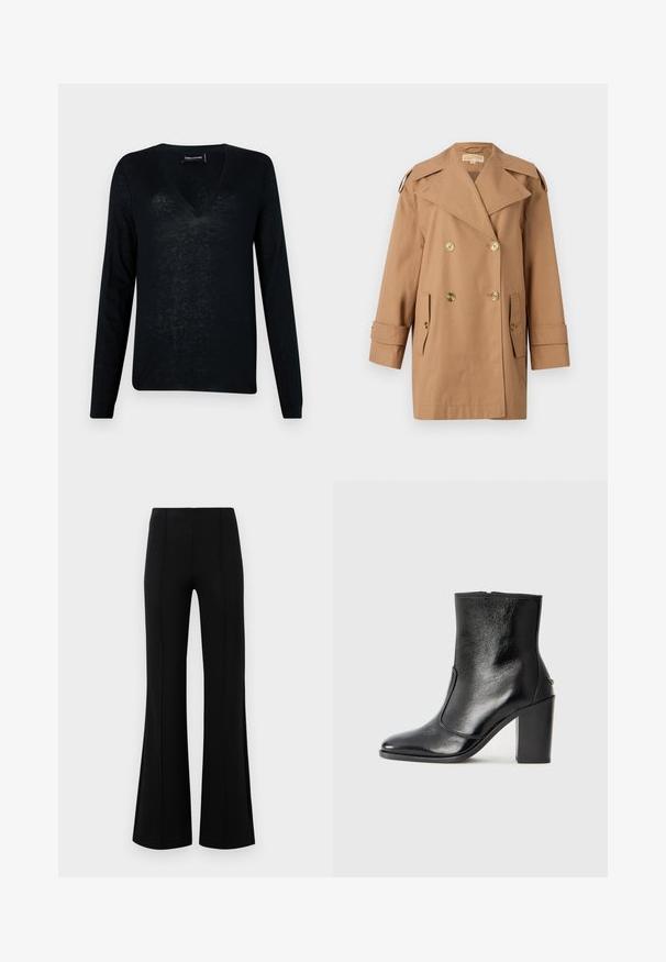 Ruskea kaksirivinen trench-takki, joka on valmistettu puuvillasta. Varustettu suurilla kultaisilla nappeilla, leveillä kauluksilla ja kahdella etutaskulla. Puolipitkät hihat.; Musta pitkähihainen V-pääntie neule, joka on valmistettu kevyestä, puolikiiltävästä materiaalista. Neuleessa on rento fit ja minimalistischinen muotoilu.; Musta leveälahkeinen housu, jossa on korkea vyötärö, valmistettu joustavasta kankaasta. Etupuolella on pystysaumayksityiskohtia ja sileä pinta.; Mustat nahka ankle bootit, joissa on sileä pinta, terävä kärki ja paksu korkea korko. Sivusaumassa on avaus ja muuten yksinkertainen muotoilu.