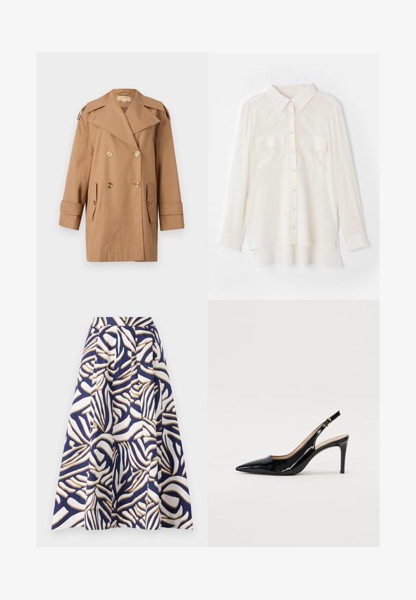 Brown double-breasted trench coat made of cotton. Features large gold buttons, wide lapels, and two front pockets. Mid-length sleeves.; White button-up shirt made of lightweight fabric. Features a classic collar, two chest pockets, and a slightly longer back hem.; A knee-length skirt made of cotton featuring a navy background with bold white and gold abstract patterns; pleated design adds volume.; Black patent leather slingback pump with pointed toe, slim heel, and a subtle cutout design. Features a gold buckle on the strap.