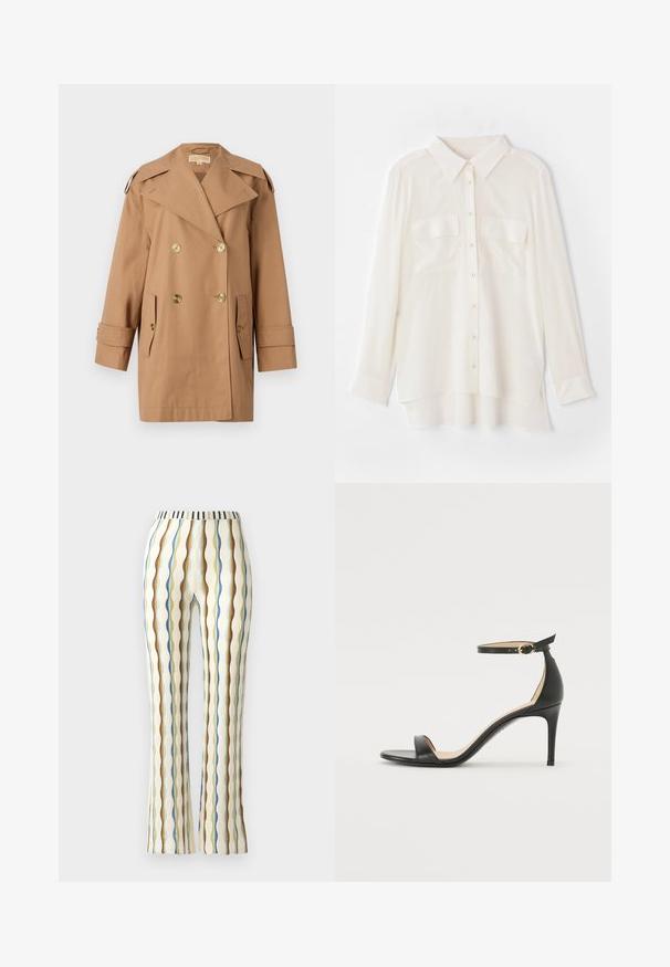 Brūns dubultās krūtis pūķis, kas izgatavots no kokvilnas. Iespējas ietver lielus zeltainus pogas, plašus atlokos un divas priekšējās kabatas. Pusgaras piedurknes.; Balts pogcaurais krekls, kas izgatavots no viegla auduma. Iespējas klasiskā apkakle, divas krūšu kabatas un nedaudz garāka aizmugurējā mala.; Izplatas bikses no strukturēta auduma ar vertikālām svītrām zilos, brūnos, zaļos un dzeltenos toņos, ar svītrainu jostu.; Melnas ādas augstpapēžu sandales ar potītes siksniņu. Iezīmes gluda tekstūra, atvērta purngala un plāna papēža. Zelta krāsas sprādzes detaļa.