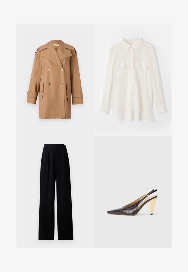Brązowy dwurzędowy płaszcz trencherowy wykonany z bawełny. Zawiera duże złote guziki, szerokie klapy i dwie przednie kieszenie. Rękawy o średniej długości.; Biała koszula zapinana na guziki wykonana z lekkiego materiału. Posiada klasyczny kołnierzyk, dwie kieszenie na piersiach oraz nieco dłuższy tylny brzeg.; Czarne szerokie spodnie wykonane z miękkiego materiału, posiadające wysoki pas i dopasowany pasek do przewiązywania, o gładkiej strukturze i bez widocznych wzorów.; Sandały na obcasie z przeszyciem w ciemnym brązowym lakierowanym faux krokodyle. Posiadają złoty geometrzyczny obcas oraz regulowany pasek wokół kostki.