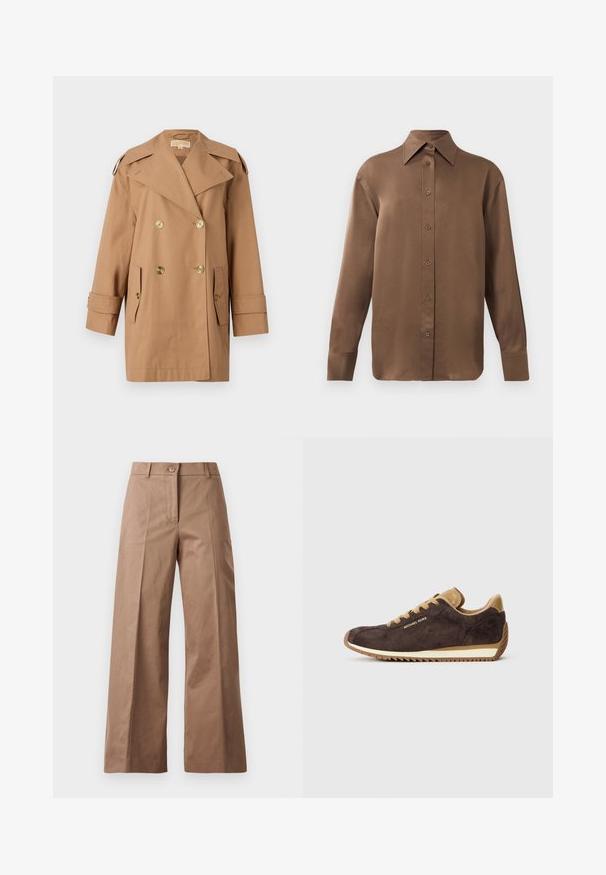 Brown double-breasted trench coat made of cotton. Features large gold buttons, wide lapels, and two front pockets. Mid-length sleeves.; Brown long-sleeve button-up shirt with pointed collar and cuffs, displayed against a plain white background.; Brown wide-leg trousers made from a smooth fabric, featuring a front button closure, two front pockets, and clean, tailored lines.; Brown suede sneaker with tan leather accents, features round laces, beige rubber sole, and "Michael Kors" logo on the outer side.