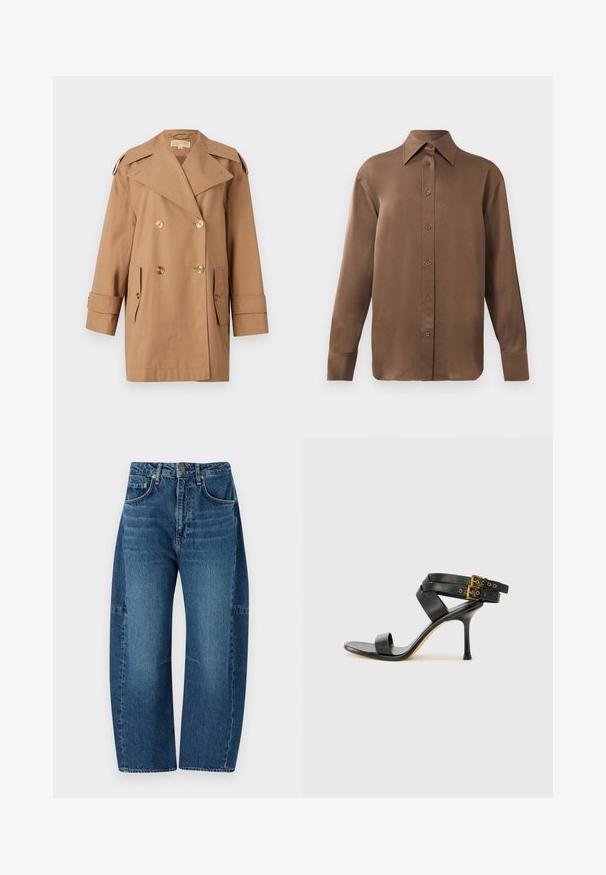 Barna, dupla gombos esőkabát, amely pamutból készült. Nagy arany gombokkal, széles hajtókákkal és két elülső zsebbel rendelkezik. Közepes hosszúságú ujjak.; Barna, hosszúujjú, gombos ing, hegyes gallérral és mandzsettákkal, egyszerű fehér háttér előtt kiemelve.; rag & bone CHARLIE BARREL JEAN - Széles szárú - dark blue denim; Fekete magassarkú szandál keresztpántos dizájnnal és állítható csattal. Simább felülettel és hegyes tűsarkúval rendelkezik.