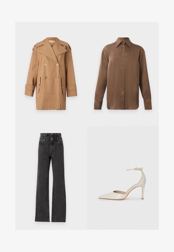 Smeđi dvostruko kopčani trench kaput od pamuka. Ima velike zlatne dugmadi, široke reveri i dva prednja džepa. Rukavi su srednje dužine.; Smeđa košulja s dugim rukavima, s gumbima i šiljastim ovratnikom i manžetama, prikazana na jednostavnoj bijeloj pozadini.; Crne hlače visokog struka imaju ravne nogavice, suptilne oštećene detalje i metalne dugmadi na struku.; Bijela kožna visoko potpetica s oštrim vrhom, remenom oko članaka i tankom stiletto potpeticom. Glatka tekstura s blagim sjajnim završetkom.
