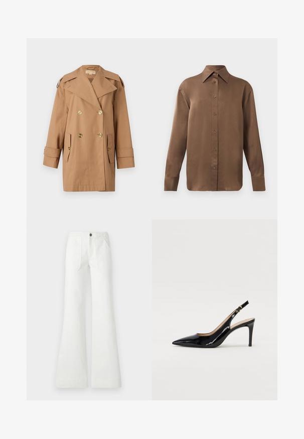Smeđi dvostruko kopčani trench kaput od pamuka. Ima velike zlatne dugmadi, široke reveri i dva prednja džepa. Rukavi su srednje dužine.; Smeđa košulja s dugim rukavima, s gumbima i šiljastim ovratnikom i manžetama, prikazana na jednostavnoj bijeloj pozadini.; Bijele široke hlače od tkanog materijala, s pletenim pojasom, dva prednja džepa i glatkom teksturom. Zatvorene su crnim dugmetom.; Crne lakirane slingback cipele s oštrim vrhom, uskim potpeticama i suptilnim izrezom. Sadrže zlatnu kopču na traku.