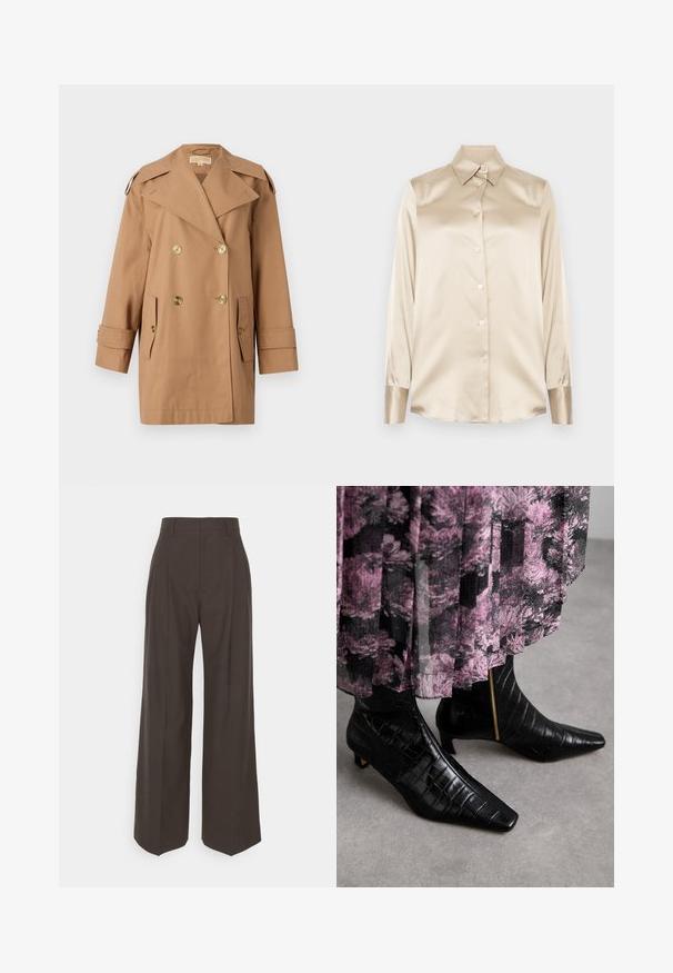 Manteau trench beige à double boutonnage en coton. Équipé de grands boutons dorés, de larges revers et de deux poches avant. Manches mi-longues.; Chemise en satin beige avec un col pointu, des manches longues, une fermeture par boutons et des poignets à la finition légèrement plus brillante. Pas de motifs ni d'accents.; Pantalons larges marron foncé à taille haute, avec des plis soigneusement marqués, une texture lisse et une coupe ajustée.; Bottines en cuir noir avec une texture crocodile, bout pointu et petit talon bloc ; elles présentent un accent de zip doré sur le côté.