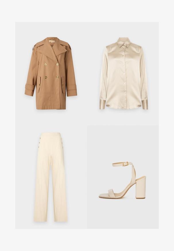 Brūns dubultās krūtis pūķis, kas izgatavots no kokvilnas. Iespējas ietver lielus zeltainus pogas, plašus atlokos un divas priekšējās kabatas. Pusgaras piedurknes.; Beige satīna krekls ar asām apkaklēm, pilna garuma piedurknēm, ar pogu aizdari un nedaudz spīdīgāka finiša aprocēm. Nav rakstu vai akcentu.; Platjoši bikses gaiši krēmkrāsā, ar gludu tekstūru, augstu jostasvietu un dekoratīvām zelta pogām sānos.; Bežīgas augstpapēžu sandales ar kvadrātu purngalu, plānu potītes siksnu un blokveida papēdi. Gluda ādas tekstūra ar zelta sprādzi.