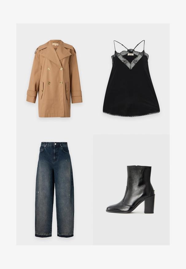 Brown double-breasted trench coat made of cotton. Features large gold buttons, wide lapels, and two front pockets. Mid-length sleeves.; Black camisole with adjustable straps, featuring a lace plunge neckline and scalloped edges. Smooth fabric with a slight sheen.; Dark denim wide-leg jeans with a high waist, five pockets, visible stitching, and slight distressing on the front. Classic button and zip closure.; Black leather ankle boot with a smooth texture, pointed toe, and a chunky high heel. Features a side opening and minimalistic design.