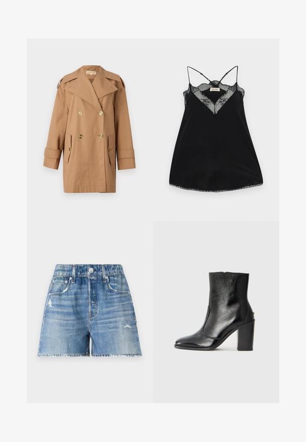 Barna, dupla gombos esőkabát, amely pamutból készült. Nagy arany gombokkal, széles hajtókákkal és két elülső zsebbel rendelkezik. Közepes hosszúságú ujjak.; Fekete ujj nélküli blúz állítható pántokkal, csipkés, mély dekoltázzsal és hullámos szegéllyel. Simább anyag enyhe fényességgel.; Világoskék mosott farmer rövidnadrág, kopott részletekkel, öt zsebbel és rojtos szegéllyel. Gombos záródással és övhurkokkal rendelkezik.; Fekete bőr bokacipő sima textúrával, hegyes orral és vastag, magas sarkával. Oldalnyílással és minimalista dizájnnal rendelkezik.