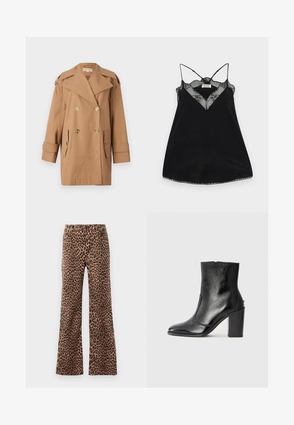 Rudas dvigubas trenčiotas paltas, pagamintas iš medvilnės. Yra dideli auksiniai mygtukai, plačios apykaklės ir dvi priekinės kišenės. Vidutinio ilgio rankovės.; Juodas camisole'as su reguliuojamomis petnešėlėmis, pasižymintis nėriniuota iškirpte ir bangos formos kraštais. Lygus audinys su šiek tiek blizgesio.; Bežiniai ir juodi leopardų rašto platėjančių kelnių modeliai, pasižymintys lygiu paviršiumi ir siaurėjantis apvadu. Dizainas su standartiniu juosmeniu ir kišenėmis.; Juodas odinis kulkšninis batas su lygiu paviršiumi, smailiu pirštu ir masyviu aukštu kulnu. Savybė - šoninis atidarymas ir minimalistiškas dizainas.