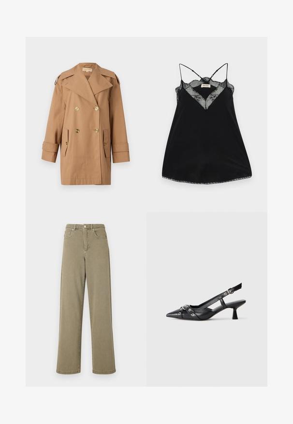Hnedý dvojradový trenčkot vyrobený z bavlny. Obsahuje veľké zlaté gombíky, široké klopy a dve predné vrecká. Rukávy sú strednej dĺžky.; Čierna tielko s nastaviteľnými ramienkami, s čipkovým výstrihom a zvlnenými okrajmi. Hladká tkanina s jemným leskom.; Olive zelené široké džínsy vyrobené z denimu, s vysokým pásom, piatimi vreckami a jemnými prešívacími detailami.; Čierne kožené slingback topánky s špicatou špičkou, ozdobnými popruhmi s kovovými očkami a nízkym blokovým podpätkom. Textúrovaný povrch.