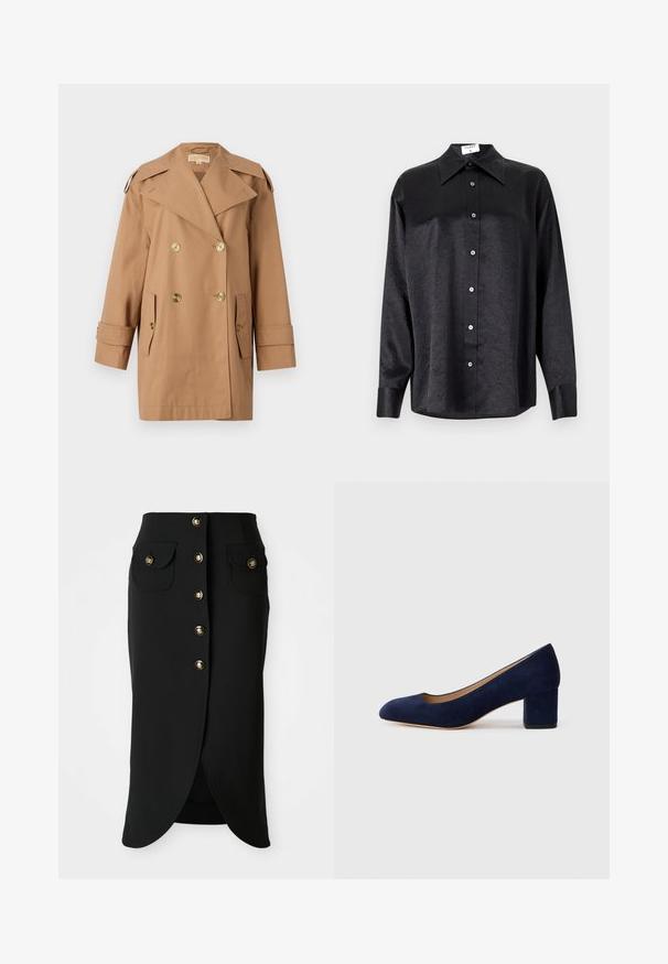 Pruun topeltkliendiga vihmamantel, mis on valmistatud puuvillast. Omab suuri kuldseid nööpe, laiu krae ja kahte esikotti. Keskmise pikkusega varrukad.; Musta pikemate varrukatega särk, millel on krae ja kortsus tekstuur, täispikk nööpidega eesmine osa ja varrukate mansetid. Valmistatud siledast kangast.; Mustade põlvikud, mis on valmistatud siledast kangast, varustatud esitasku kinnitusega, kahe küljetasku ja kõrge lõhikuga seljal. Kuldne nupukaunistus.; Tumesinise sametist kõrge kontsaga king, millel on terav nina ja keskmise kõrgusega plokk-konts. Sile tekstuur kerge sädelusega ja ees väike lõige.