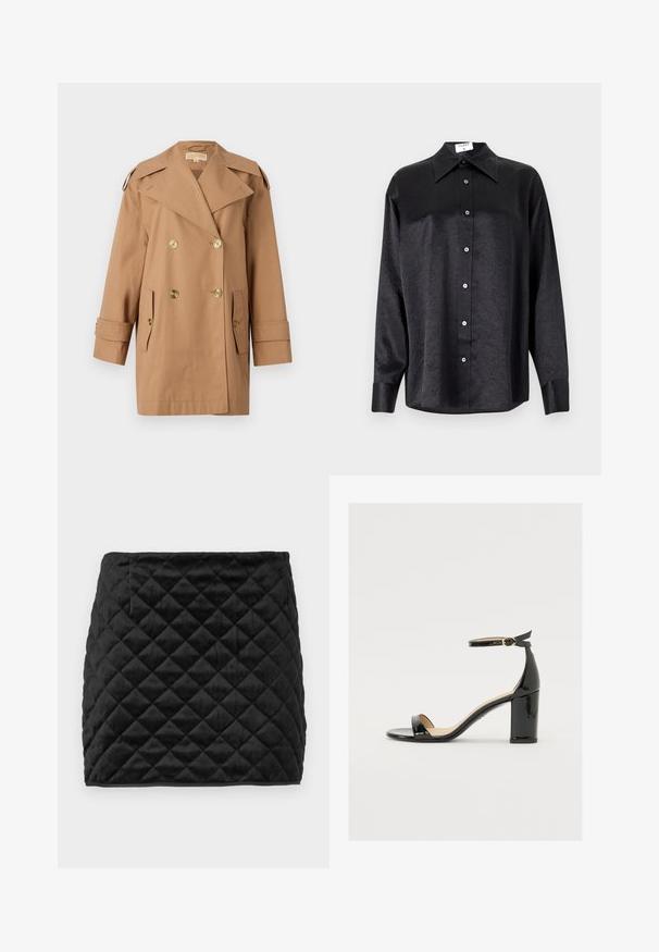Palton bej din bumbac, cu dublu rând de nasturi. Prezintă nasturi mari aurii, rever lățit și două buzunare frontale. Mâneci de lungime medie.; Cămașă neagră cu mânecă lungă, cu guler, cu o textură șifonată, cu nasturi pe toată lungimea și manșete. Fabricată dintr-un material neted.; Fustă mini neagră, matlasată, dintr-un material moale, cu un model în romb, croială dreaptă și un buzunar lateral ascuns.; Sandal cu toc lat din piele lacuită neagră, cu vârf deschis și curea pentru gleznă, având o cataramă aurie. Textură netedă și design elegant.