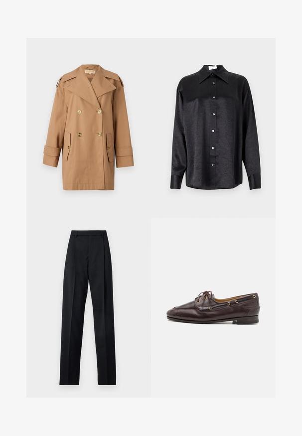 Trench coat marrón de doble botonadura hecho de algodón. Presenta grandes botones dorados, amplias solapas y dos bolsillos frontales. Mangas de longitud media.; Camisa negra de manga larga con cuello, que presenta una textura arrugada, botón frontal completo y puños. Fabricada en un tejido suave.; Pantalones negros de tela suave con cintura alta, piernas amplias, pliegues frontales y lazos de cinturón clásicos. No hay bolsillos laterales visibles.; Mocasines de cuero marrón con un diseño estructurado, ojales dorados y cordones. Presentan un tacón bajo y costuras detalladas a lo largo del empeine.