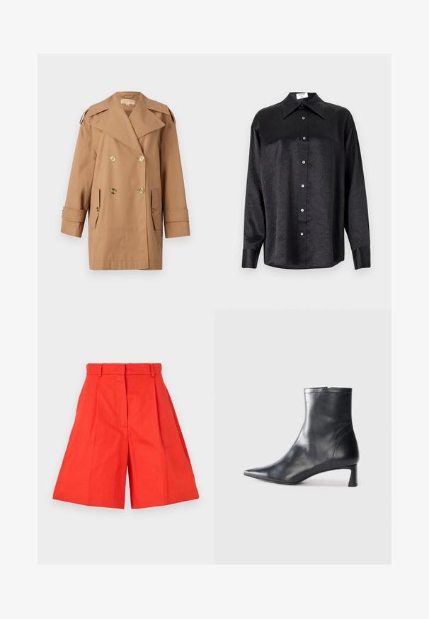 Barna, dupla gombos esőkabát, amely pamutból készült. Nagy arany gombokkal, széles hajtókákkal és két elülső zsebbel rendelkezik. Közepes hosszúságú ujjak.; Fekete, hosszú ujjú ing, galléros nyakkal, gyűrött textúrával, teljes gombos elejével és mandzsettákkal. Simaságú anyagból készült.; Piros pamut rövidnadrág magas derékkal, redőzött és széles szabású siluettel. Simább textúra és letisztult vonalak. Nincs zseb vagy díszítés.; Fekete bőr bokacsizma hegyes orral és letisztult dizájnnal. Alacsony sarka és hátsó cipzáras záródása van. Simának tűnő textúra.