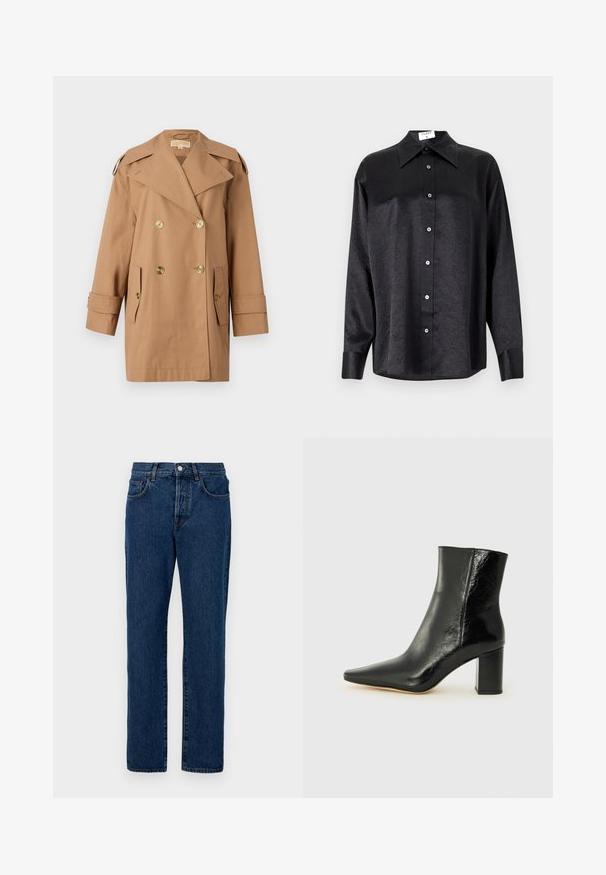 Hnědý dvouřadý trenčkot vyrobený z bavlny. Obsahuje velké zlaté knoflíky, široké klopy a dvě přední kapsy. Rukávy jsou střední délky.; Černá košile s dlouhým rukávem a límečkem, s jakostní texturou, plně zapínací, s manžetami. Vyrobena z hladkého materiálu.; Džínové kalhoty v tmavě modré barvě, s klasickým rovný střih, pěti kapsami a viditelným šitím. Látka má mírnou texturu.; Černé kotníkové boty z lesklé kůže s špičatou špičkou a masivním, čtvercovým podpatkem. Vyznačují se hladkou texturou a minimalistickým designem.